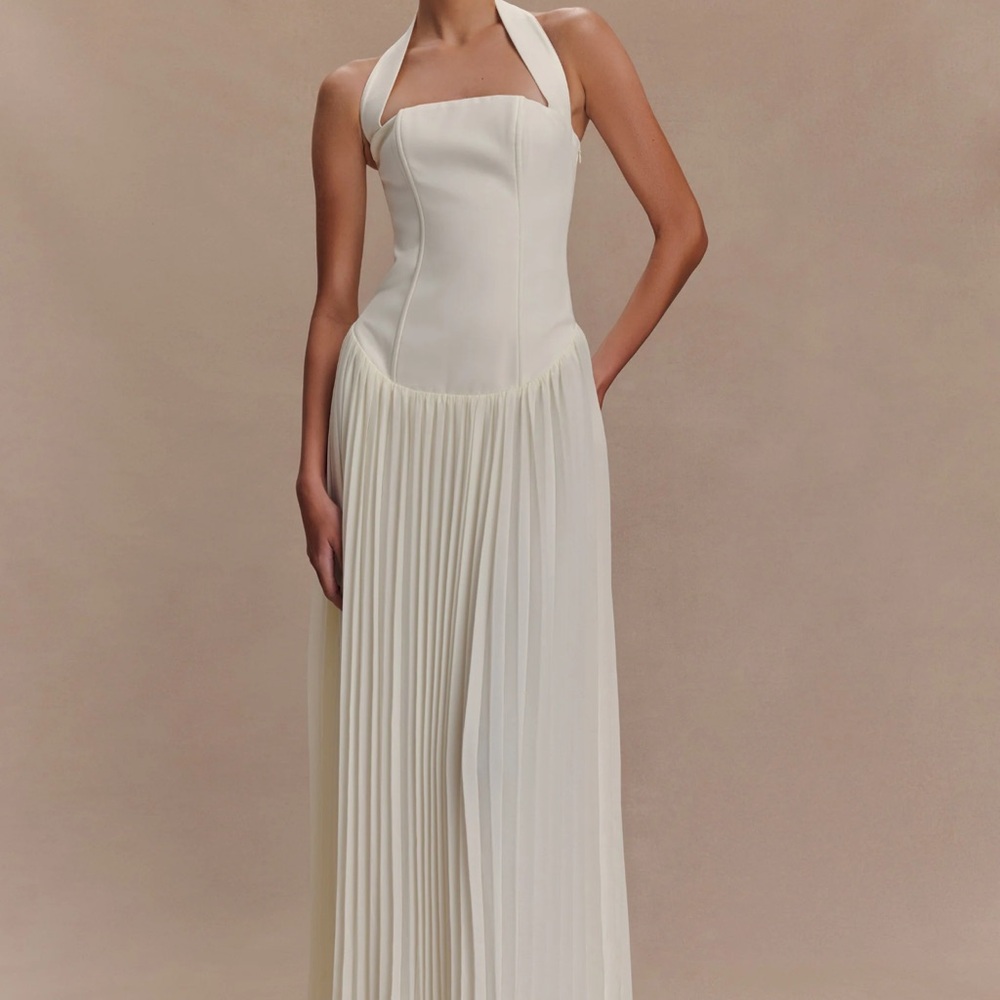 Meshki White Pleated Halter Gown